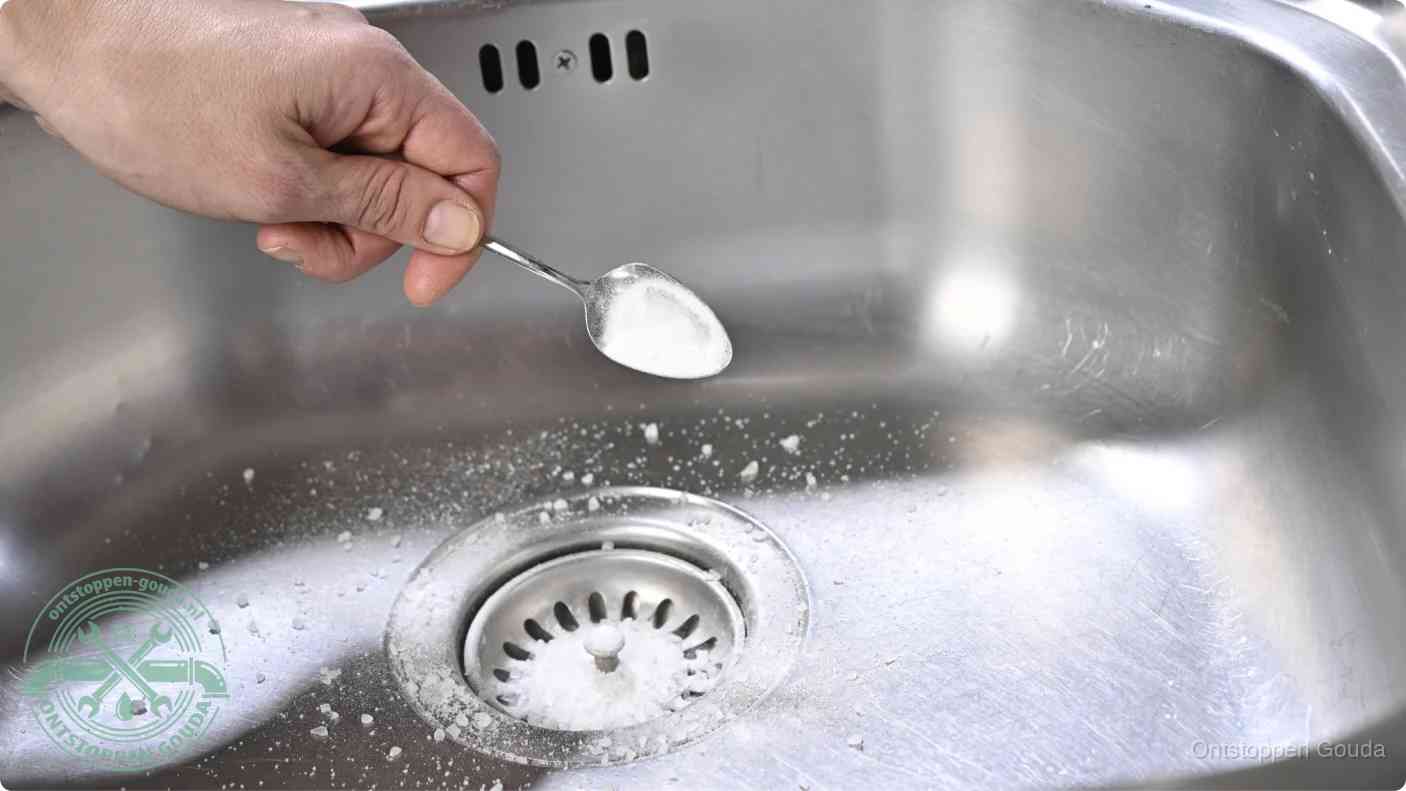 Een hand strooit met een lepel soda in de afvoer van een roestvrijstalen spoelbak, de soda en azijn huismiddel-methode om de afvoer te ontstoppen in Gouda