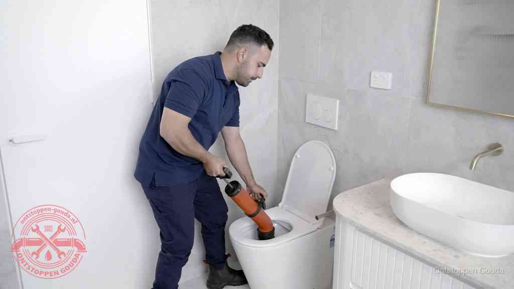 Een monteur gebruikt een handmatige perspomp (toiletontstopper) op een wandcloset tijdens het professioneel wc ontstoppen in Gouda
