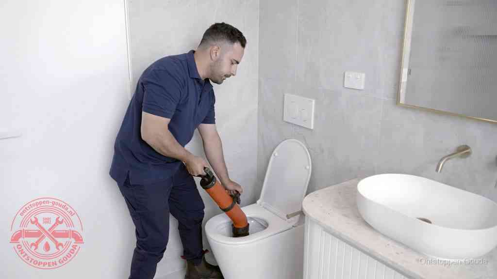 Een man gebruikt een handmatige luchtdruk-ontstopper in een modern betegeld toilet om zelf de wc te ontstoppen in Gouda